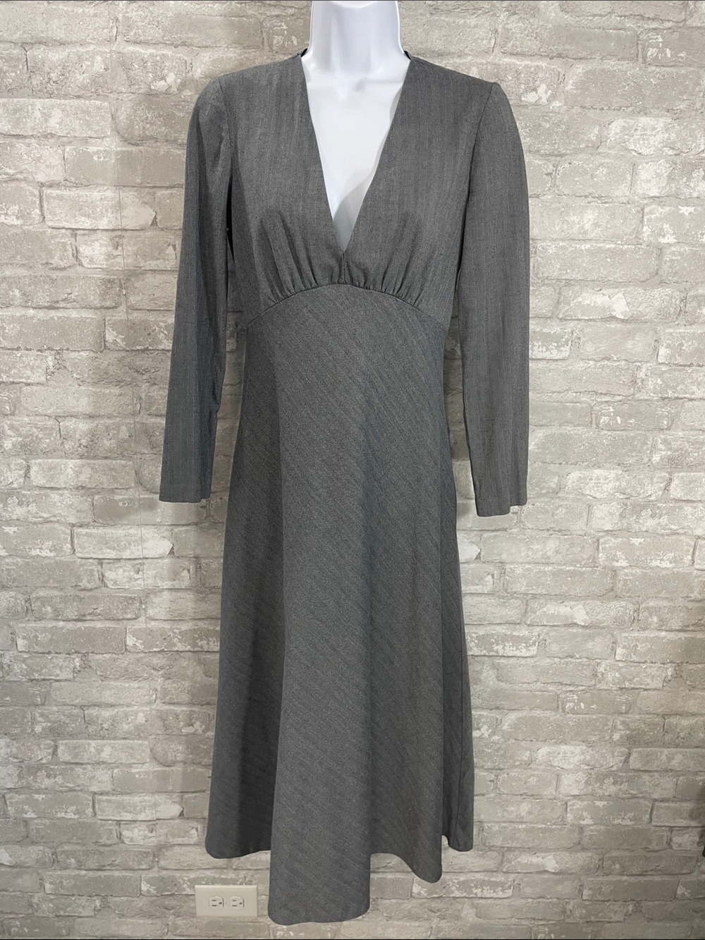 Zara Gray herringbone long-sleeve V-neck midi dress